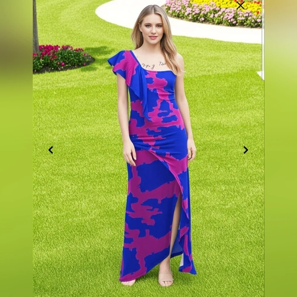 Asymmetrical Sundress Blue & Pink One Shoulder Ruffled - Picture 11 of 12